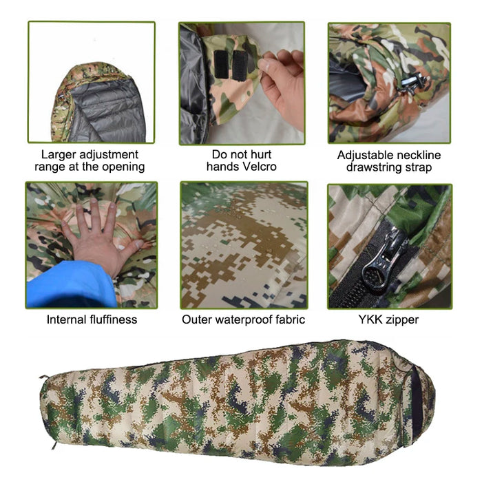 Camouflage Mummy Style Sleeping Bag Portable Duck Down Adult Sleeping Bag Fit for Winter Thermal Outdoor Camping Travel Gear