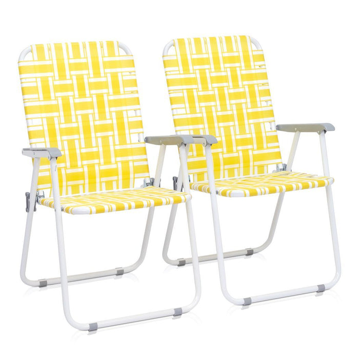 2pcs Steel Tube PP Webbing Bearing 120kg Folding Beach Chair Yellow & White Strip