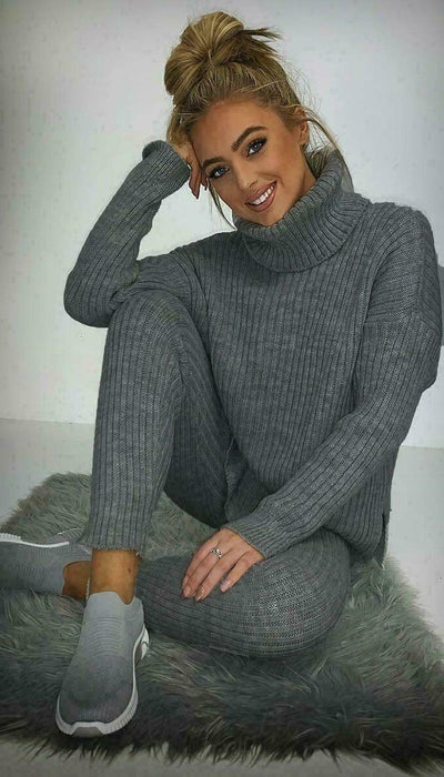 Ladies Chunky Knitted Ribbed Polo High Neck Top Leggings Loungewear Suit Set