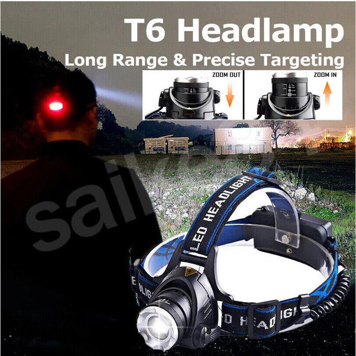 T6 Headlamp Rechargeable 350000LM LED Zoom Headlight Head Torch USB